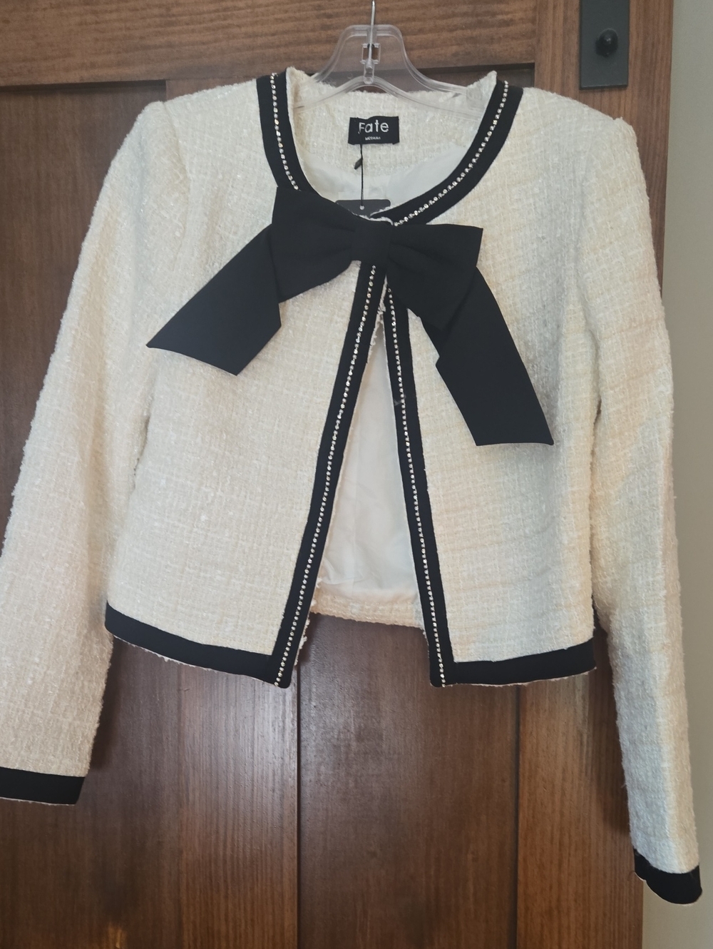 Fate Ivory Bouclé Jacket with Black Bow Trim